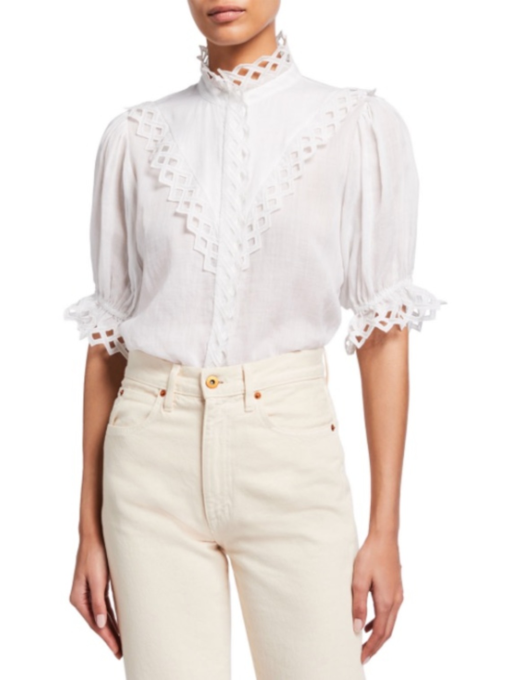 Frame Denim White Lace-Trim Puff Sleeve Blouse - 80% OFF MSRP!!!